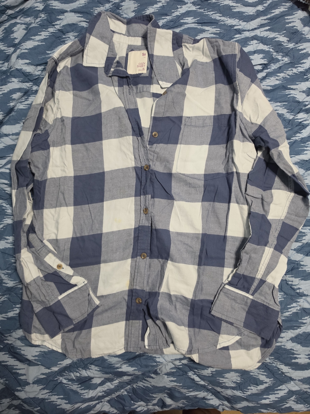 Women's Blue and White Plaid Long sleeved Button-Down Shirt XL